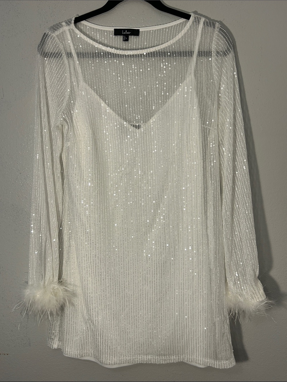 Lulu's White Sequin Mesh Tunic with Feather Trim